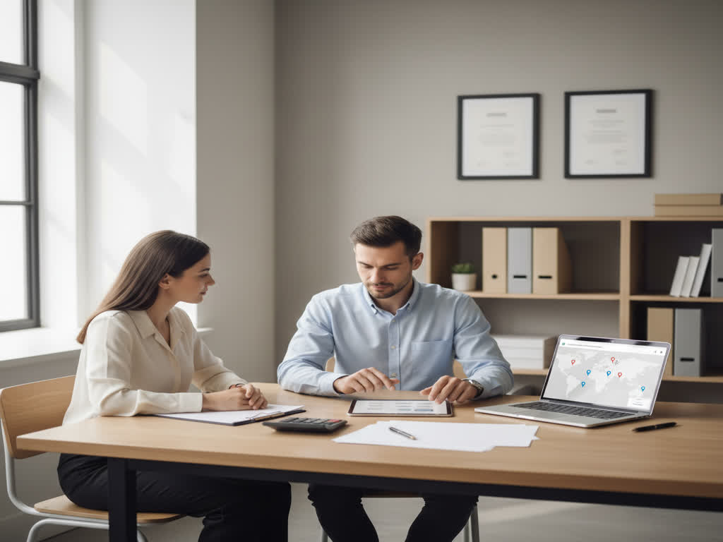 Gerente compara propuestas de despachos contables con KPIs, calendario fiscal y automatizaciones en un tablero.
